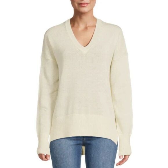New Theory Karenia Wool Blend V-Neck Sweater in Ivory Size Medium - Picture 1 of 6